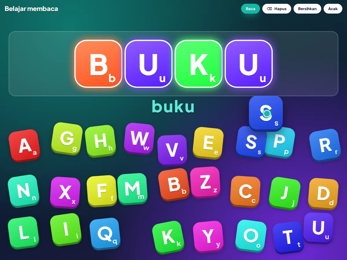 Game belajar membaca AlphaGrab: huruf B-U-K-U disusun jadi kata buku